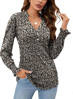 Rapbin Women V Neck Blouses Long Sleeve Button Down Long Sleeve Blouses Autumn Tops 2025 Ruffle Cuffs Elegant Casual T Shirts