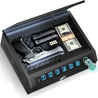 AIRMuch Biometric Gun Safe for Handguns, Gun Case Fits 2-3 Handguns | Fingerprint Pistol Safe, Nightstand, LED Light, Stealth Mode, Security Cable, Carbon Steel, Portable Lock Box, 1s Open