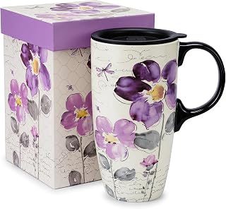 Topadorn 17oz Ceramic Travel Mug with Lid, Tall Purple Floral Coffee Mug | Large Ceramic Coffee Mug with Handle, Microwave & Dishwasher Safe, Matching Gift Box Included