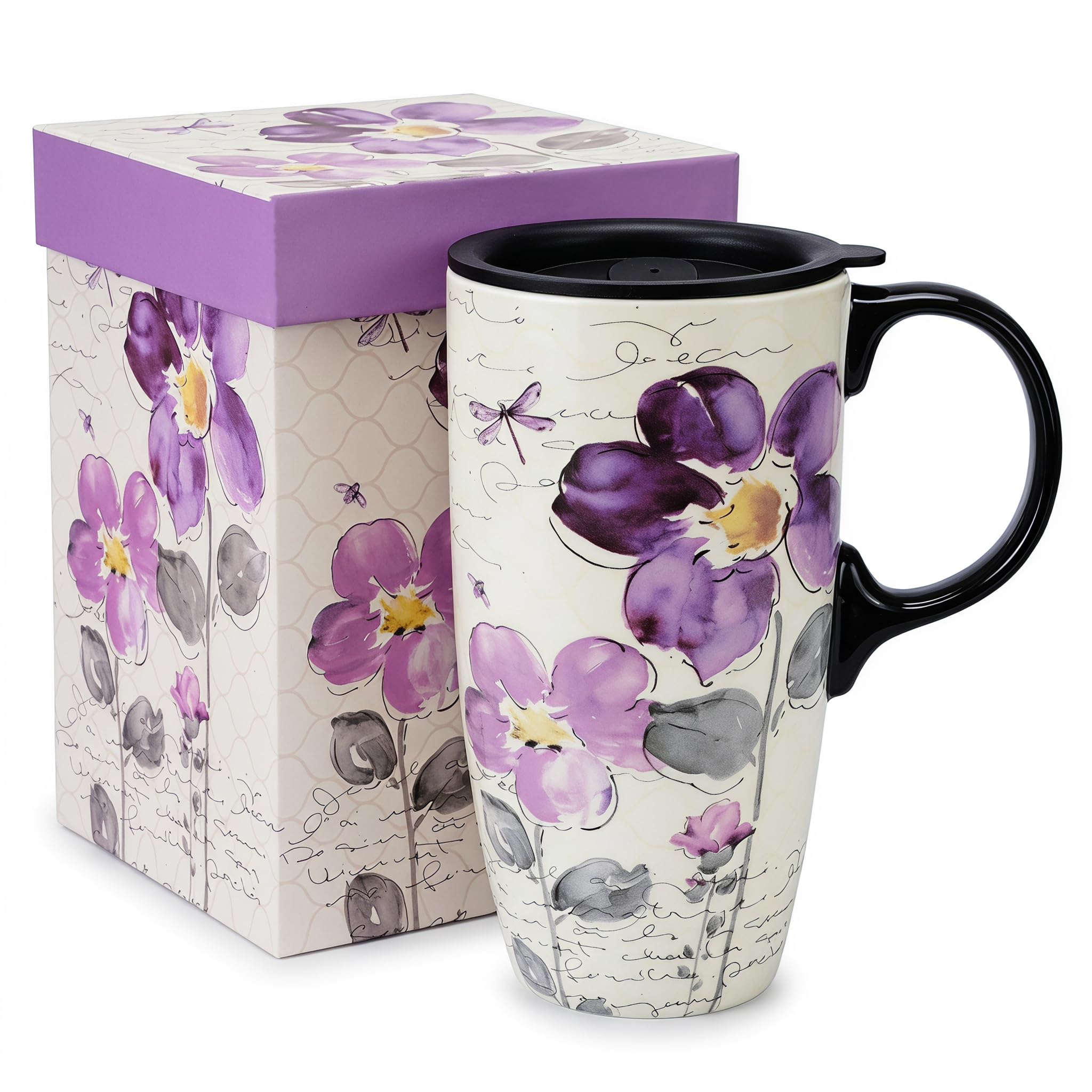 Topadorn 17oz Ceramic Travel Mug with Lid, Tall Purple Floral Coffee Mug | Large