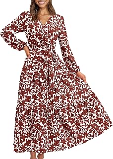 PRETTYGARDEN Women Long Sleeve V Neck Leopard Print Ruffle Tie Waist Maxi Dress Chiffon Bohemian Long Dress