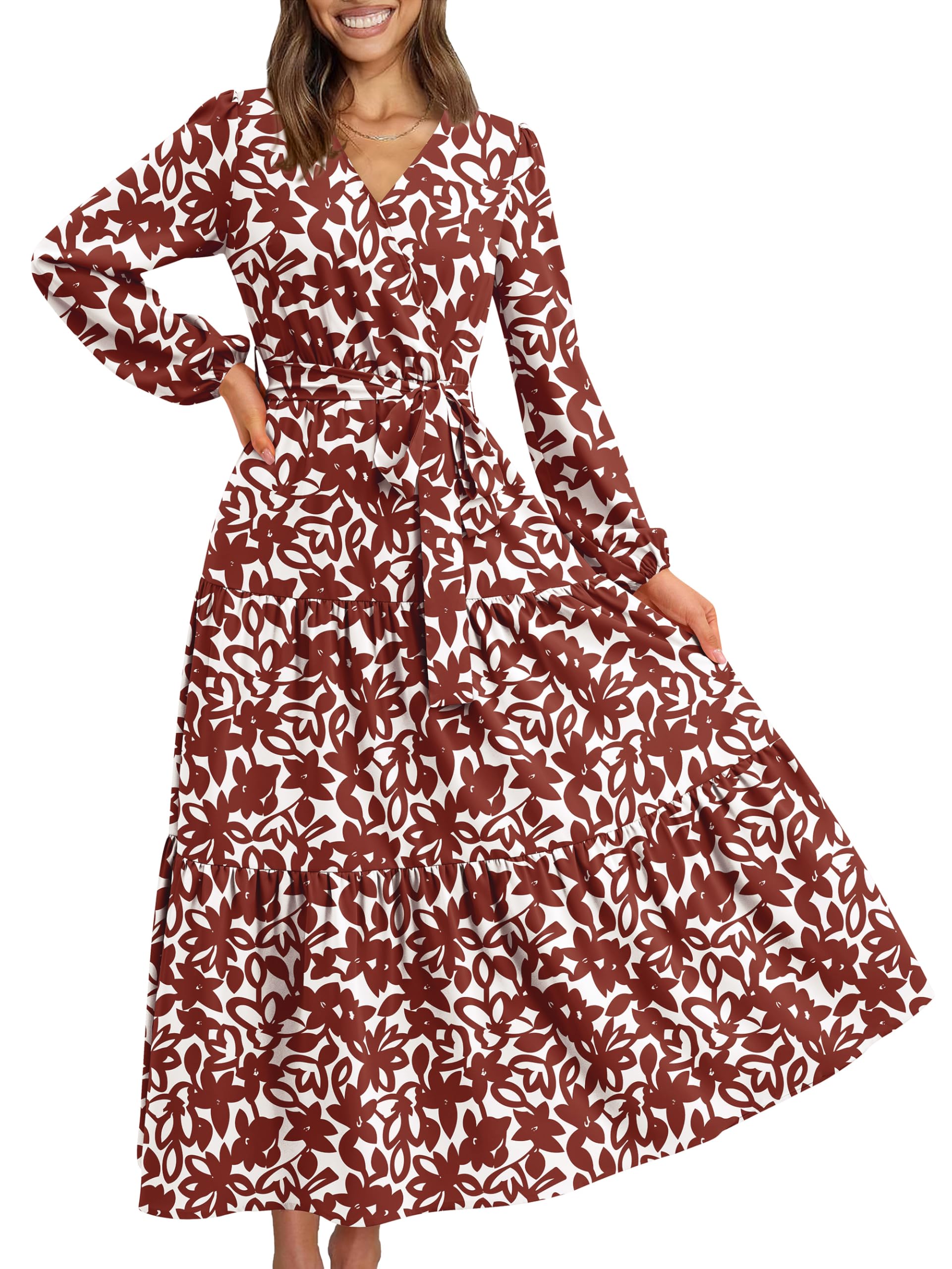 PRETTYGARDEN Women Long Sleeve V Neck Leopard Print Ruffle Tie Waist Maxi Dress 