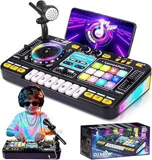 Tsomtto Kids DJ Mixer Table Musical Toy with Lights & Bluetooth | Electronic Music Toy with Microphone Piano, DJ Mixer Controller Toys Birthday Christmas Gifts for 3 4 5 6 Year Old Boys Girls