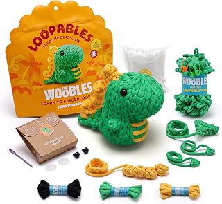 The Woobles Loopables Crochet Kit for Beginners+ (Fred the Dino) | As seen on Shark Tank, No crochet hook needed, fingerloop premade loops: Easy Peasy Loopable Yarn, pre-started piece