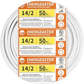 Energeaster Solid Indoor 14/2 W/G NMB Cable 50ft, Electrical Wire, White | 50FT NMB Cable 14 Gauge Wire 2 Conductors 600V Bare Copper Non-Metallic Sheathed Solid Indoor Residential Wire, UL Listed
