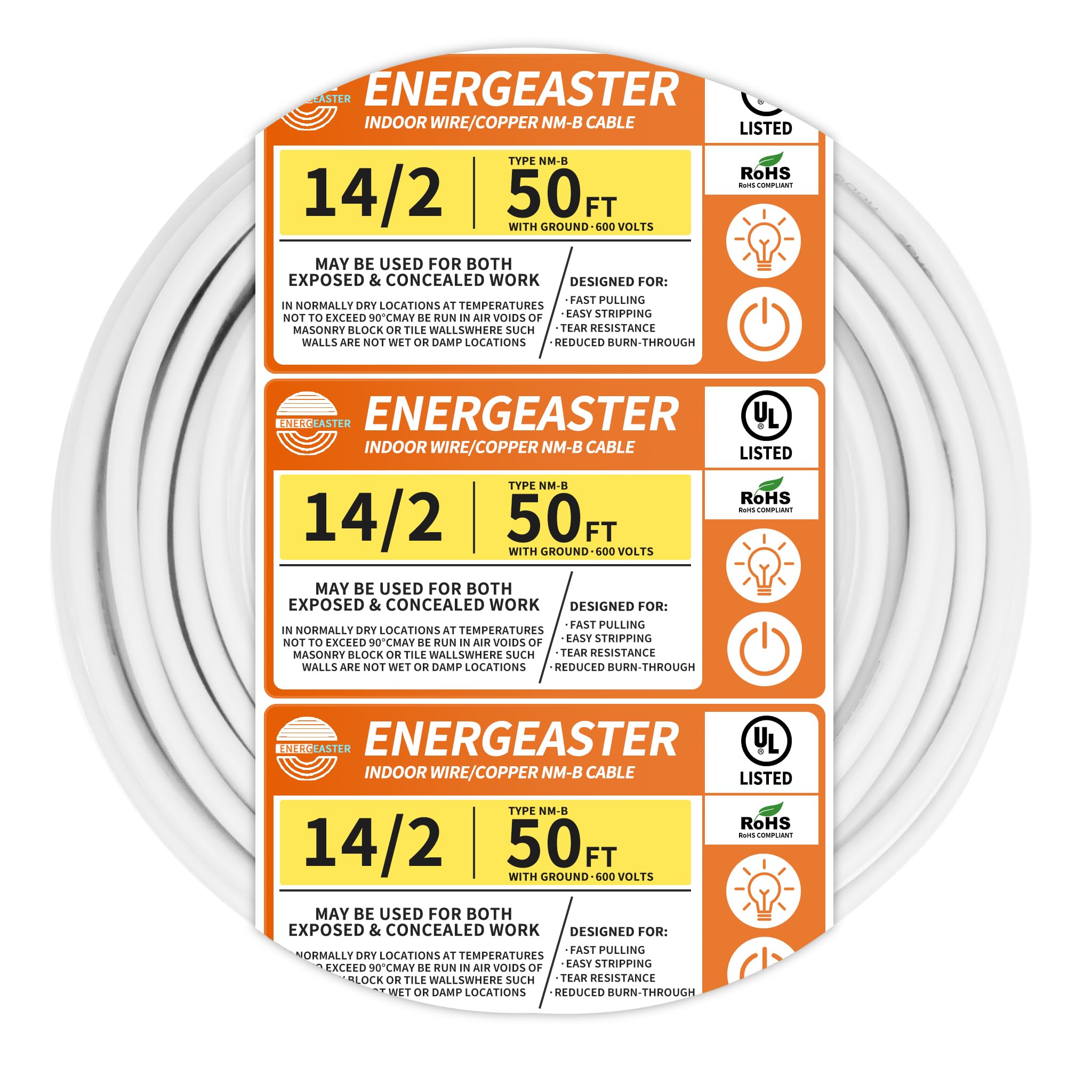 Energeaster Solid Indoor 14/2 W/G NMB Cable 50ft, Electrical Wire, White | 50FT 