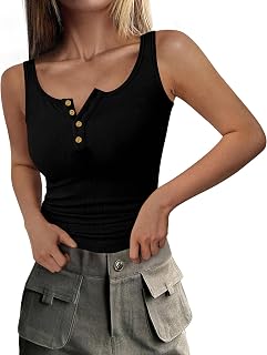 DUOEASE Women's Black Ribbed Tank Top with Buttons Round Neck T Shirt Women's Sleeveless -2XL