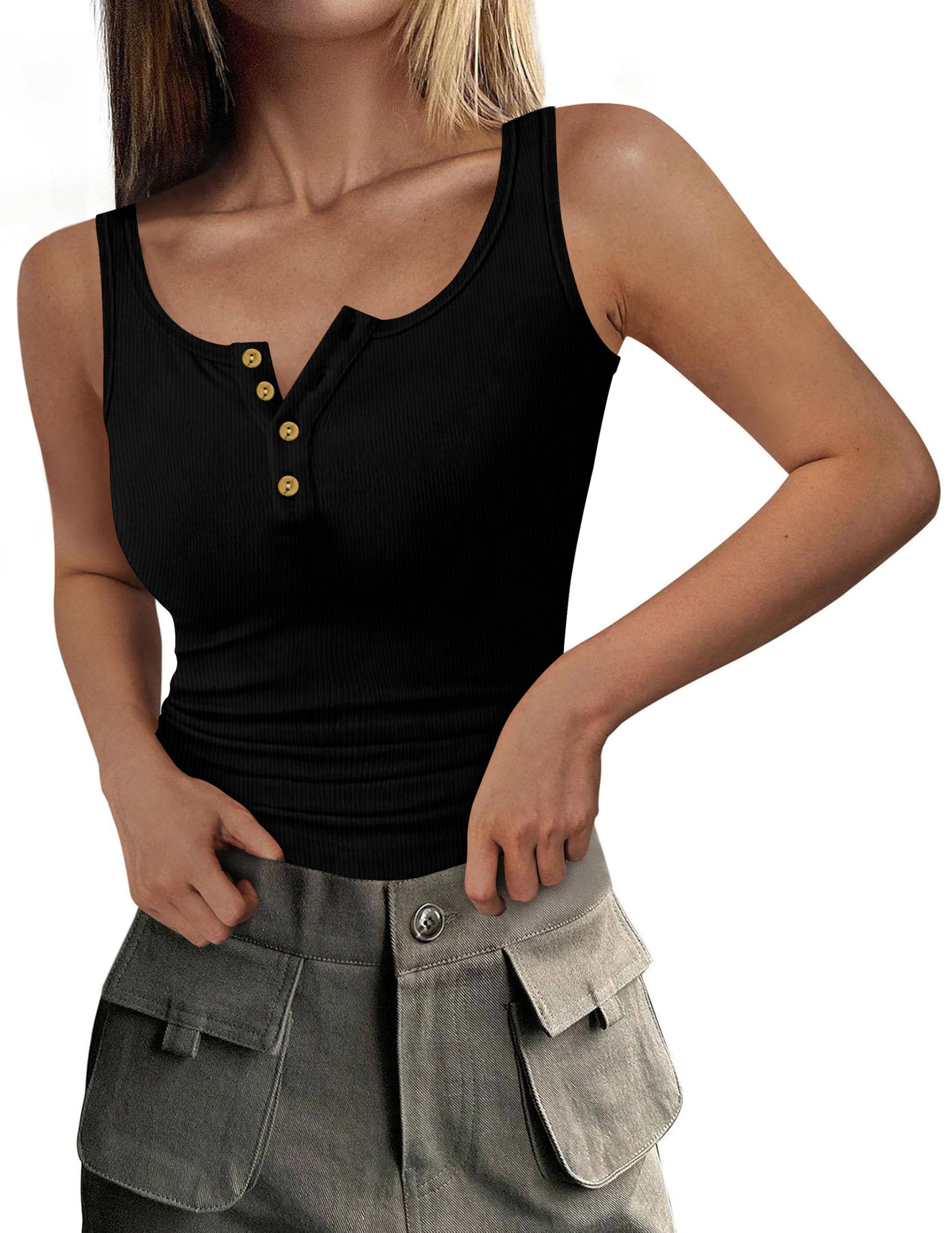 DUOEASE Women's Black Ribbed Tank Top with Buttons Round Neck T Shirt Women's Sl