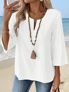 Womens 3/4 Sleeve Blouse Loose Fit Boho V Neck Tops for Spring Summer Elegant Casual Work