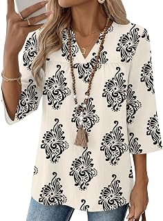 Rapbin Camicette da donna a pieghe con maniche a 3/4, scollo a V, stampa floreale, casual, vestibilità larga