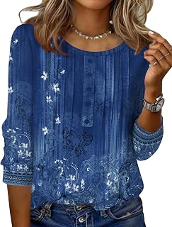 Zeagoo 3/4 Sleeve Women Tops Round Neck Casual Summer Tunic Tops Basic Tees Blouses Elegant Pleated T-Shirts
