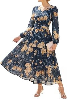 GRACE KARIN Abito da Donna Elegante Scollo a V Maniche Lunghe Floreale