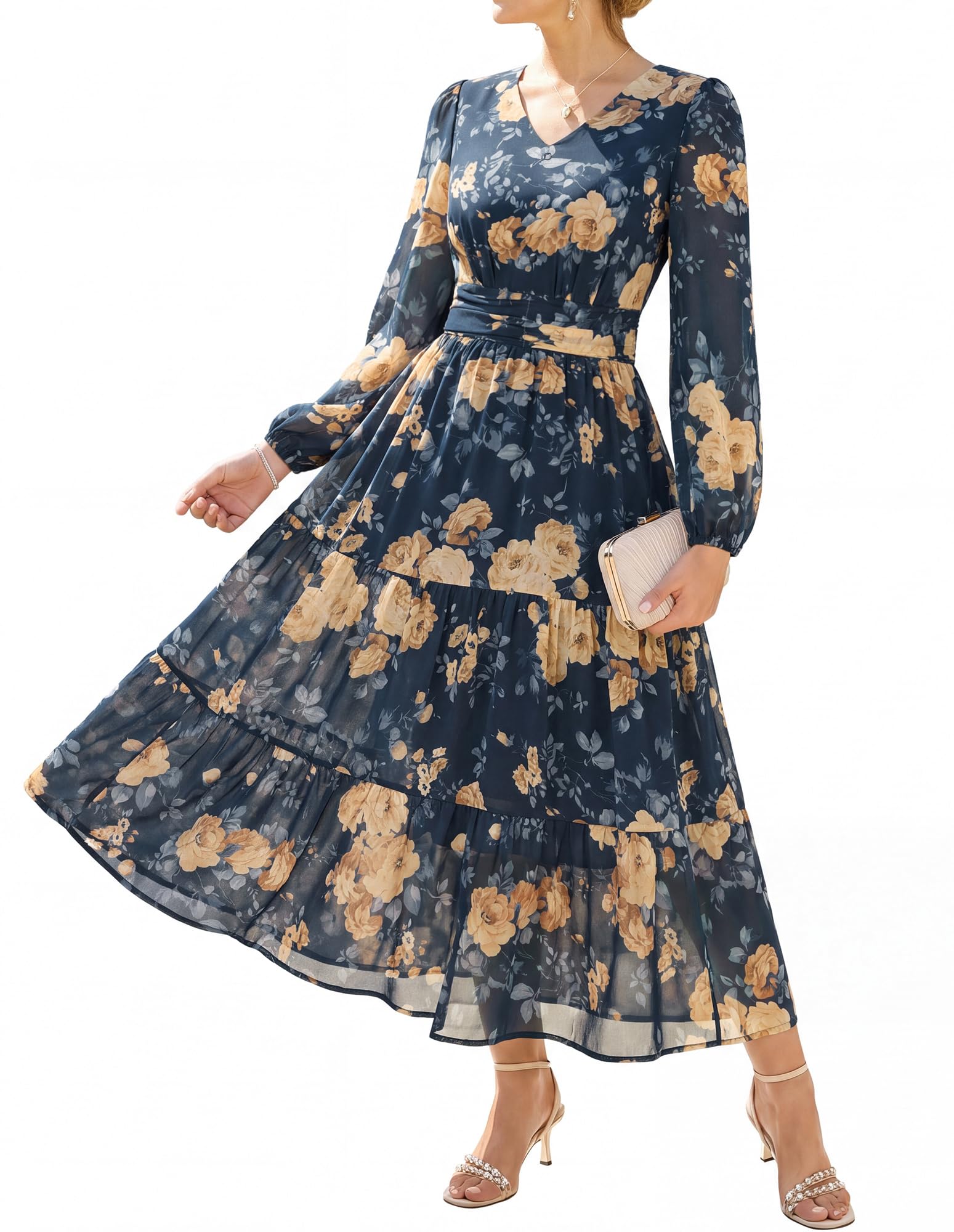 GRACE KARIN Abito da Donna Elegante Scollo a V Maniche Lunghe Floreale