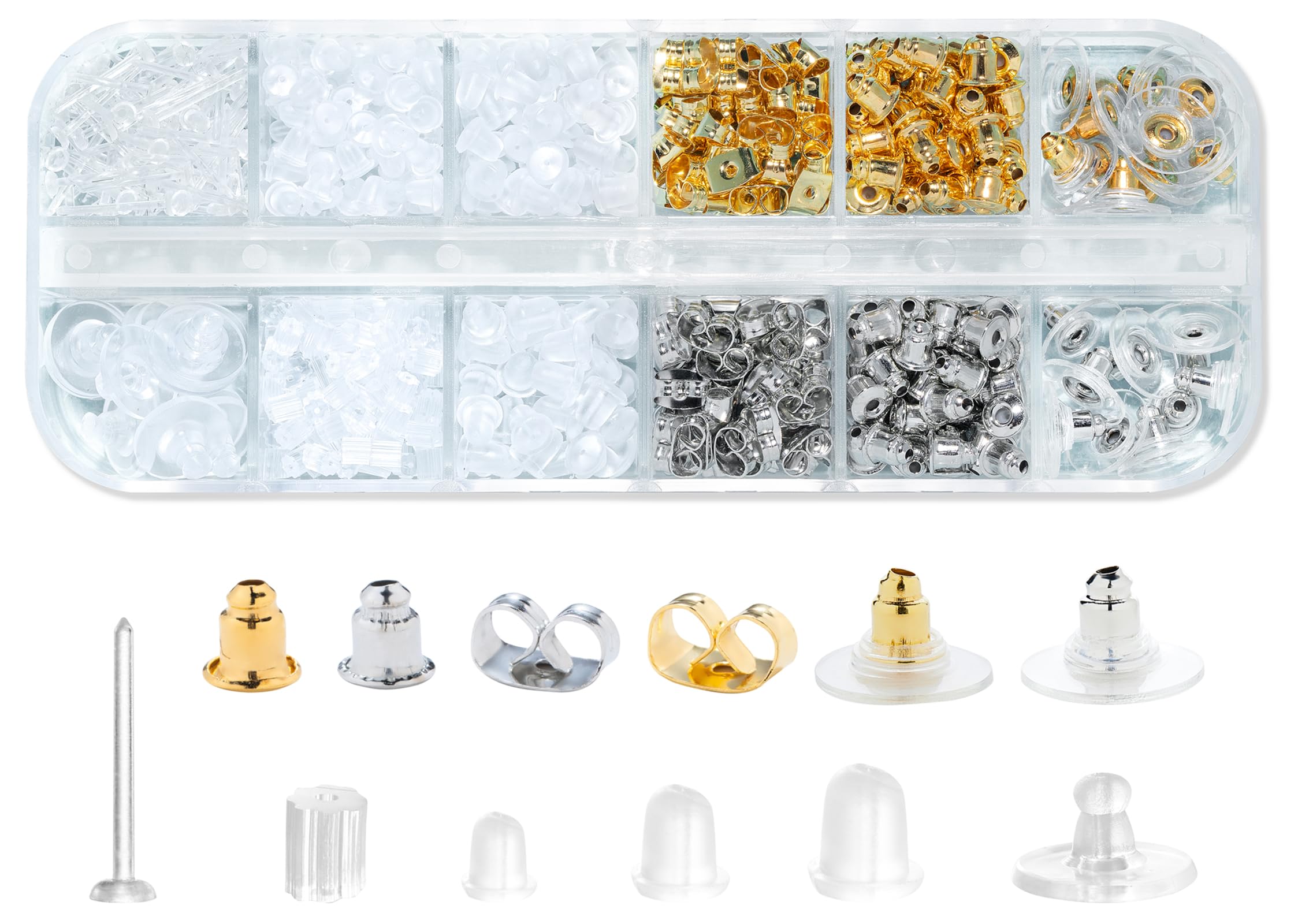 Nkwuire 12 Styles 600 Pcs Earring Backs for Studs, Clear Plastic Earrings Metal 