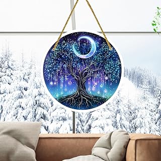 20cm Round Acrylic Pendant Decoration Moon and Tree Design for Windows, Sunbathing, Art for Home Garden Living Room Decoration