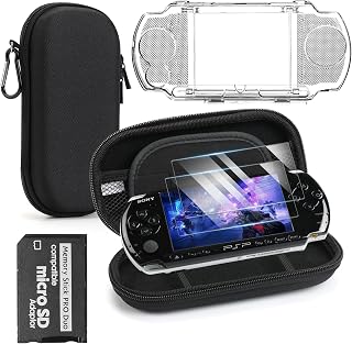 Jedaful 5-in-1 Accessories Bundle for Sony PSP 2000 3000, Hard EVA Travel Carrying Case, Anti-Slip Crystal Clear Hard Case, 2-pack HD PET screen protectors and Micro SD Adapter for Sony PSP
