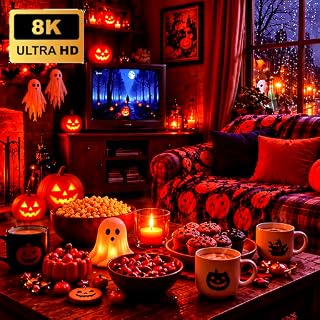 Rainy Halloween Music & Scary Sounds 8K | Cozy Pumpkin Fireplace & Spooky Rainy Night Ambience for TV
