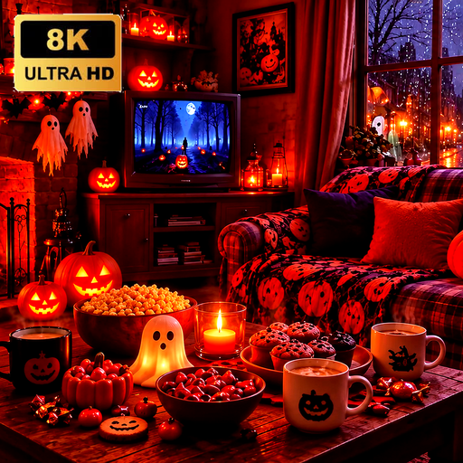 Rainy Halloween Music & Scary Sounds 8K | Cozy Pumpkin Fireplace & Spooky Rainy 