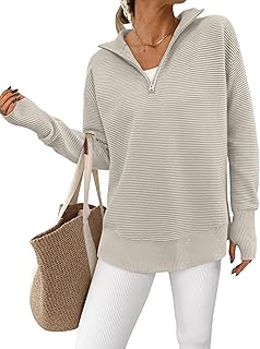 PRETTYGARDEN Women Long Sleeve Quarter Zip Casual V Neck Ribbed Collar Thumbhole Sweater