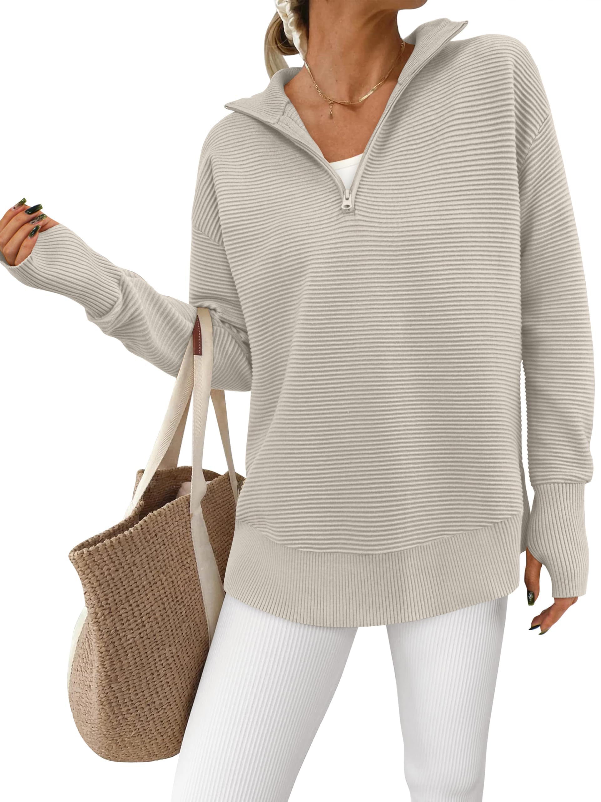 PRETTYGARDEN Women Long Sleeve Quarter Zip Casual V Neck Ribbed Collar Thumbhole