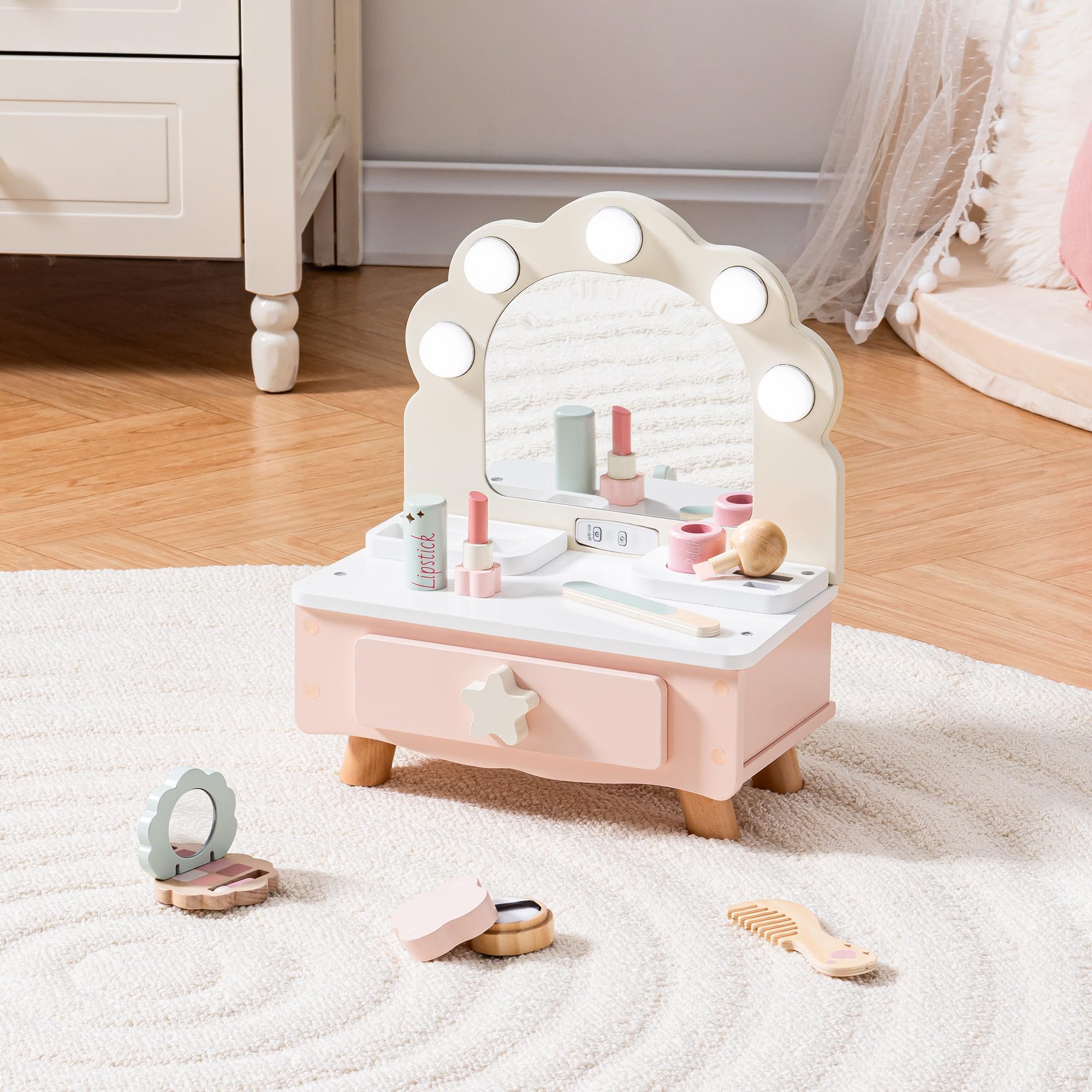 ROBOTIME Toddler Vanity Makeup Table Toy with Mirror & Light, Wooden Kids Makeup