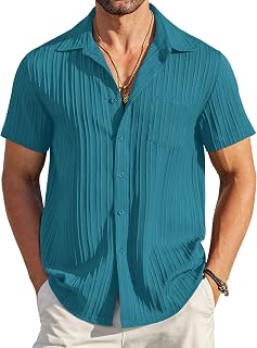 COOFANDY Mens Casual Button Down Short Sleeve Shirt Summer Textured Beach Shirt with Pocket