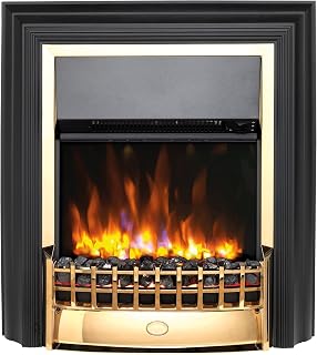 Dimplex Cheriton Deluxe Optiflame Freestanding Electric Fire, Brass and Black Free Standing LED Flame Effect Electric Fireplace with Variable Flame Brightness, Coal Fuel Bed, Adjustable 2kW Heater