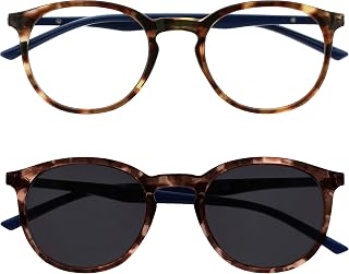 OPULIZE Met Double Pack Reading Glasses With Sun Reader Large Round Brown Navy Blue Men Women Hinges Spring RS60-2 +1.00