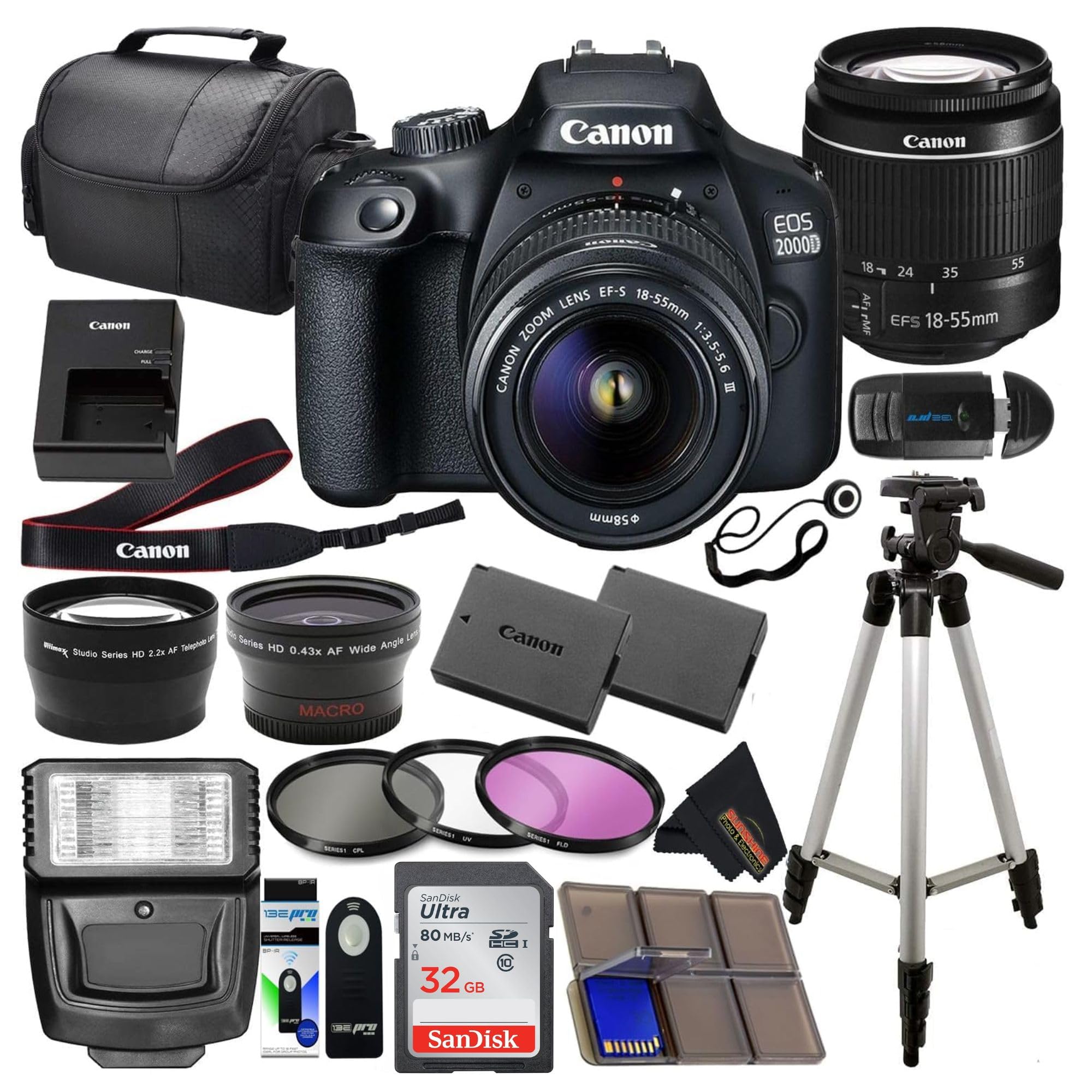 Canon EOS 2000D (Rebel T7) DSLR with 18-55mm Lens 3 Lens Kit and Sunshine Photo 