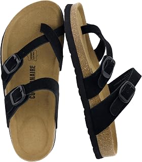CUSHIONAIRE Lucky - Sandalias de gamuza 100 % de piel auténtica para mujer, cómodas sandalias de corcho para mujer con hebillas ajustables