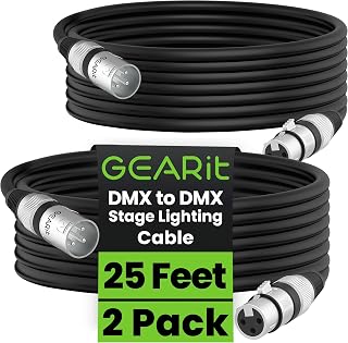 GEARit DMX Cables 25FT 2-Pack 3-Pin Male to Female for DJs and Live Events | 110 Ohm Shielded Lighting Control Cables for Moving Heads PAR Lights Controllers Weddings Events Venues and Live Event Techs