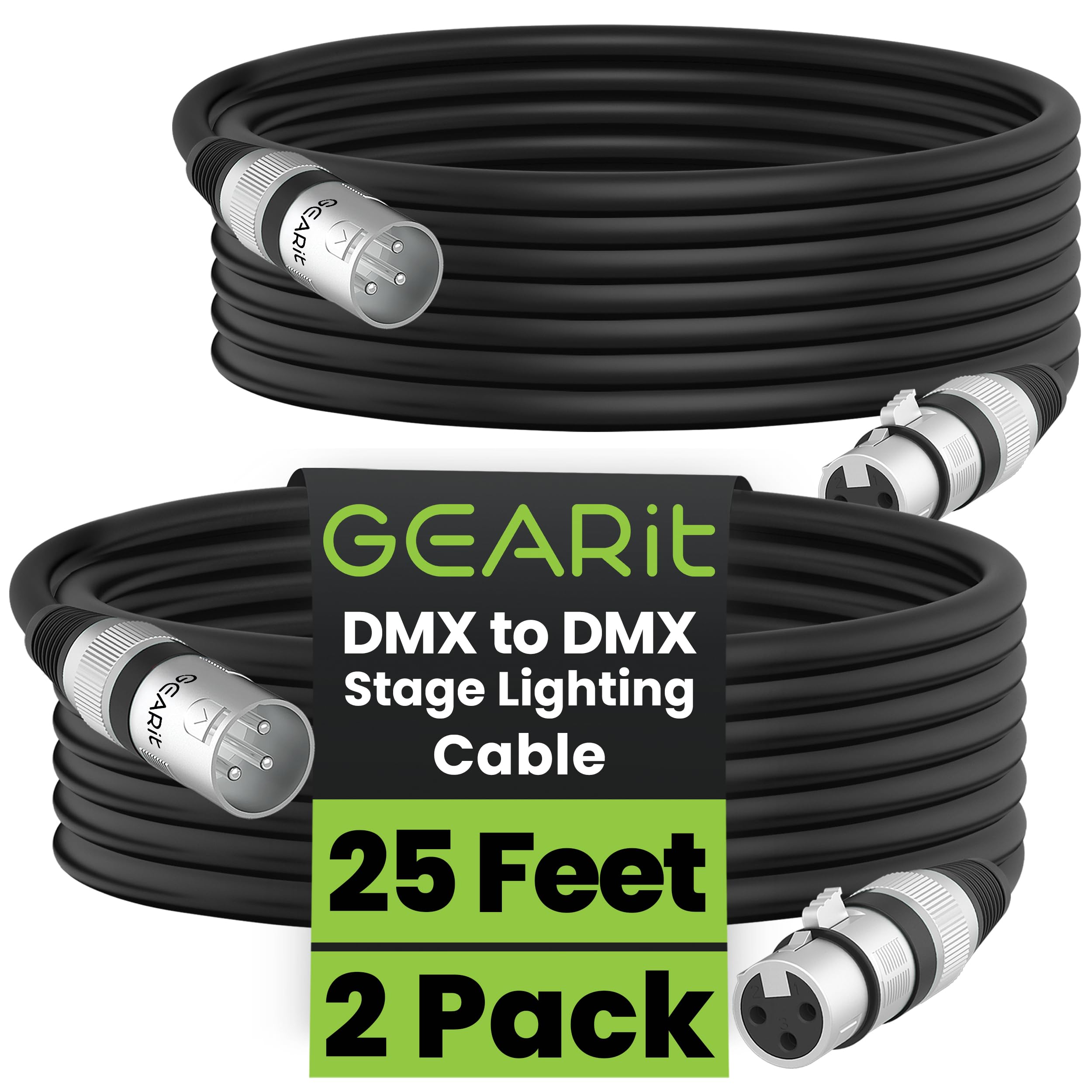 GEARit DMX Cables 25FT 2-Pack 3-Pin Male to Female for DJs and Live Events | 110