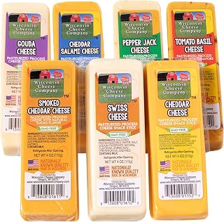 Wisconsin Cheese Company – Specialty Cheese Block Sampler Pack – 7 Flavors Including Cheddar, Pepper Jack, Swiss, Gouda, Salami, Smoked Cheddar & Tomato Basil – Charcuterie Board Gift Set (4 oz Each)