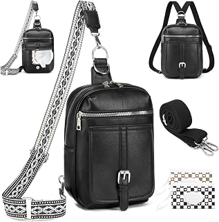 Sling Bag Crossbody Backpack - 2 in 1 Leather Cross Body Bag Fanny Pack with 2 Removable Straps