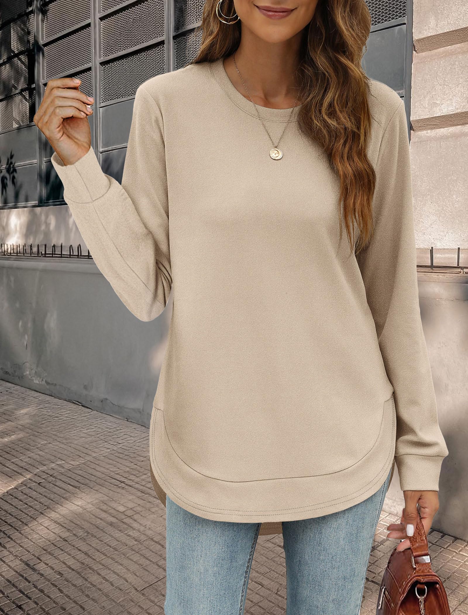 Women's Crew Neck Long Sleeve High Low Rounded Hem Sweatshirt