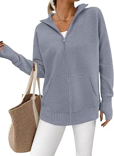 PRETTYGARDEN Autumn 2025 Women Cardigan Long Sleeve Zip Casual Sweaters Loose Collar Ribbed Tops Jackets Thumb Hole