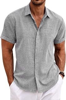 COOFANDY Men's Linen Shirt Short Sleeve Button Down Regular Fit Casual Shirts Summer Beach Linen Shirt