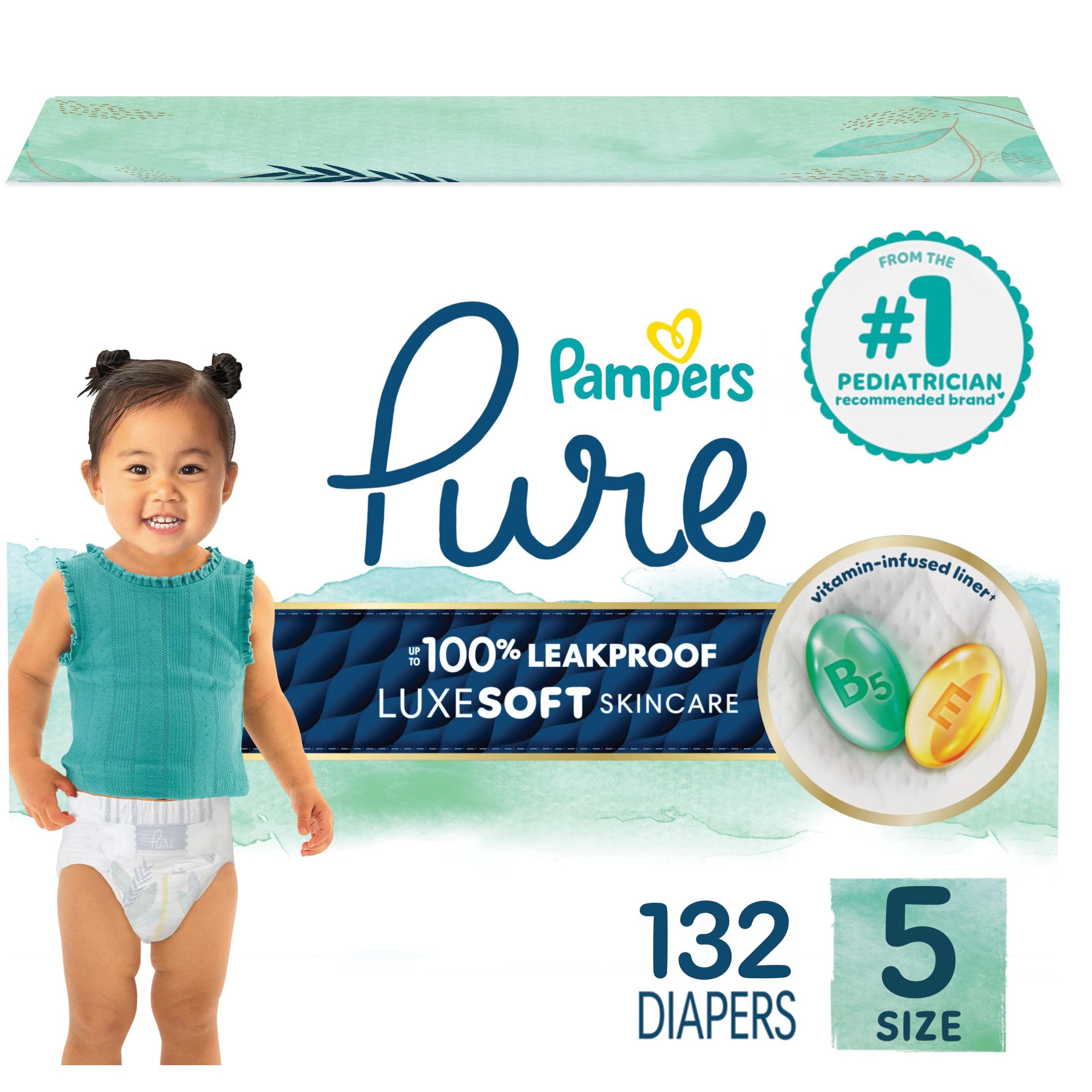Pampers Pure Baby Diapers, Size 5 (27+ lbs), 132