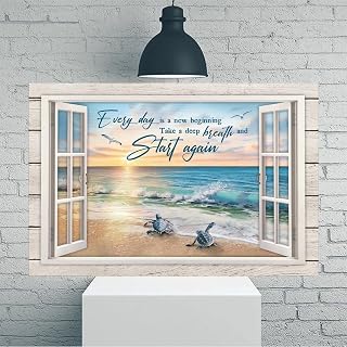 Everyday Is A New Beginning Quotes With Ocean Sunset Turtle Scene Vintage Rustic Canvas Wall Art - 12x18 inch Unframed Poster - Home & Office Decor Living Room Bedroom Kitchen & Cafe