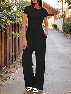 Womens 2 Piece Lounge Set Short Sleeve Top Wide Leg Pants High Waisted Outfit Two Piece Clothing