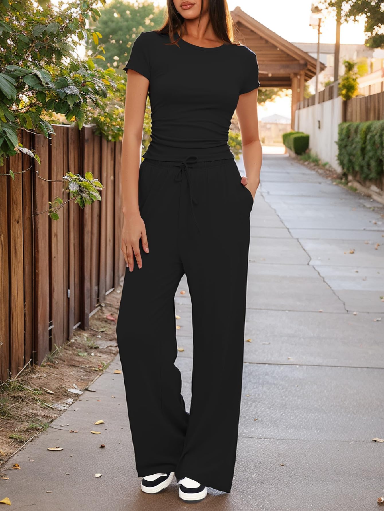 Womens 2 Piece Lounge Set Short Sleeve Top Wide Leg Pants High Waisted Outfit Tw