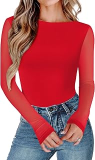 Avidlove Body de manga larga para mujer, de malla, cuello barco, moldeador, leotardos de cuello redondo, para salir, trajes de otoño