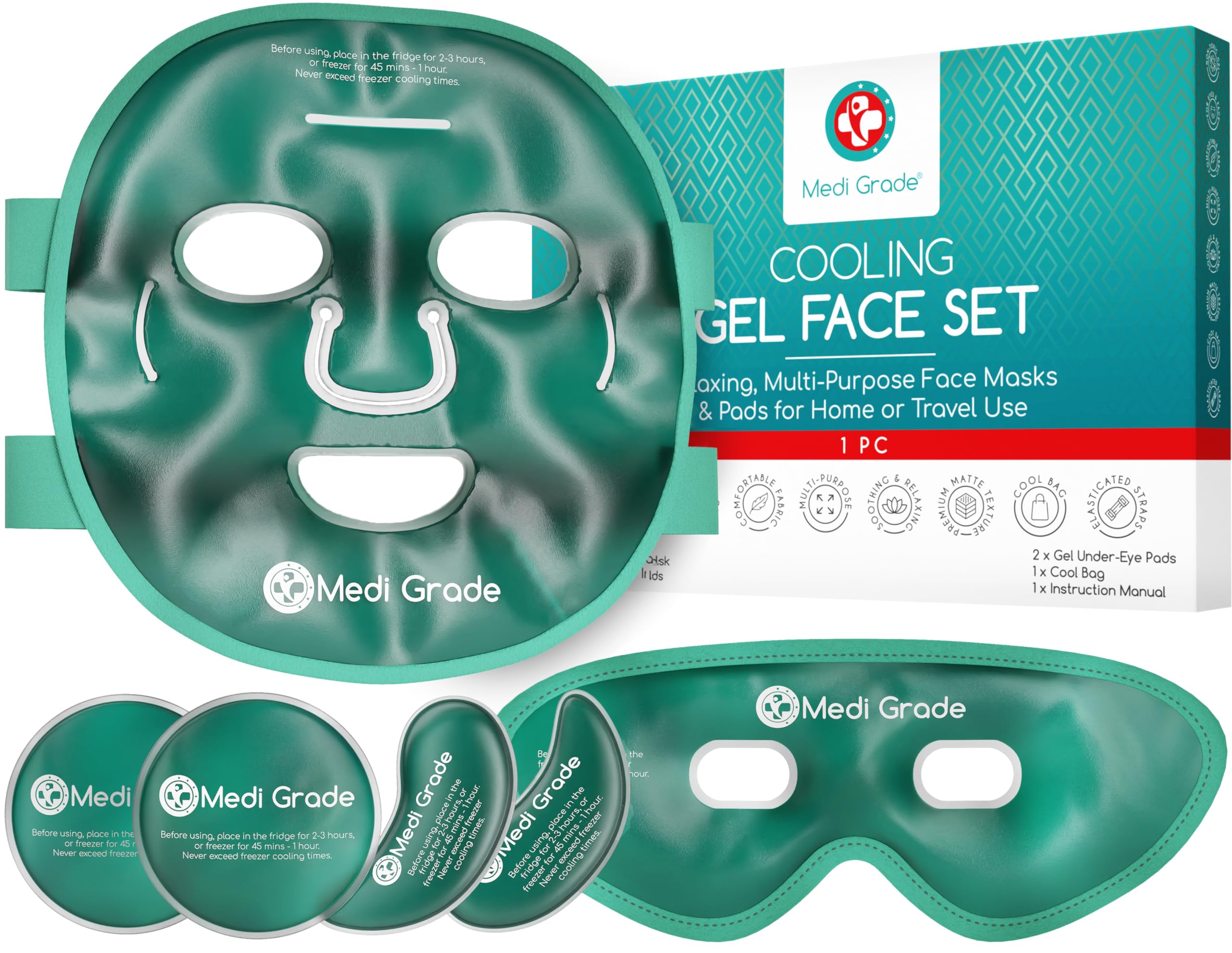 Medi Grade Cooling Face Mask and Eye Mask Set, ChillGel Gel Ice Pack, Green