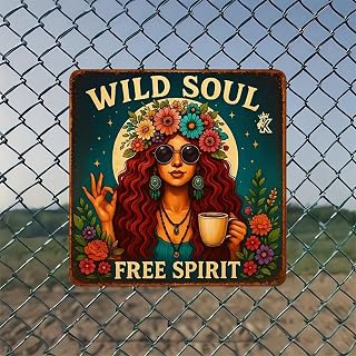 Wild Soul Vintage Metal Wall Sign with Free Spirit Flower Wreath - 8" x 8" - Retro Wall Decor for Home, Bar, Garage and Farm Office