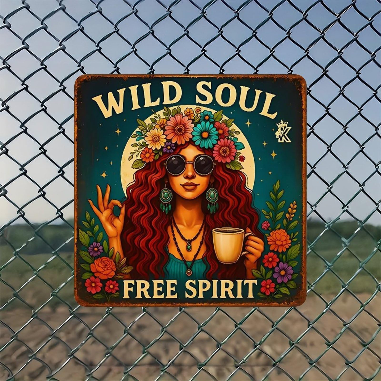 Wild Soul Vintage Metal Wall Sign with Free Spirit Flower Wreath - 8" x 8" - Ret