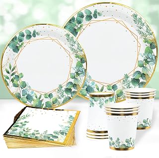 Sage Green Disposable Birthday Plates - 96pcs Gold Green Cups and Napkins for Wedding Party Baby Shower Baby Shower Jungle Theme Party