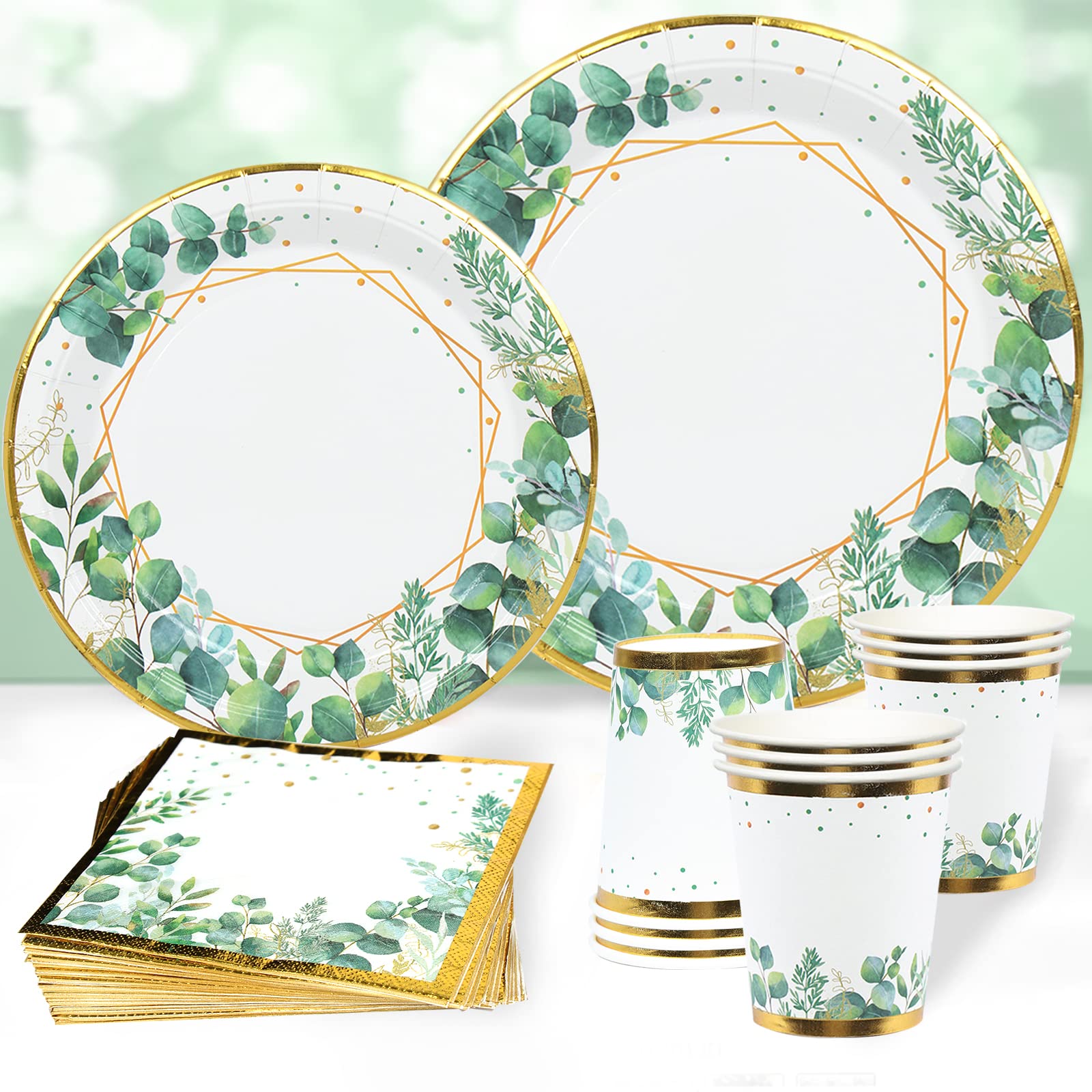 Sage Green Disposable Birthday Plates - 96pcs Gold Green Cups and Napkins for We