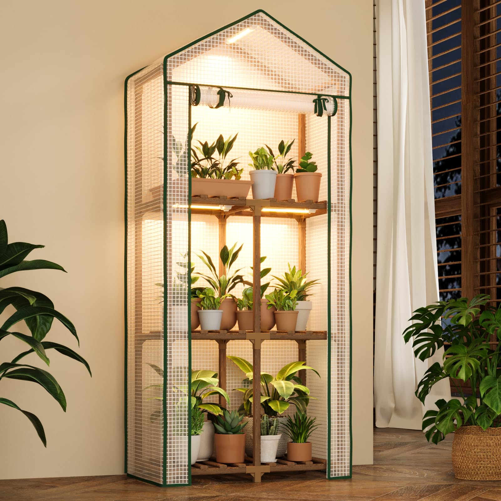Bamworld Mini Greenhouse with Grow Light Plant Stand for Mutiple Pots Outdoor 3-
