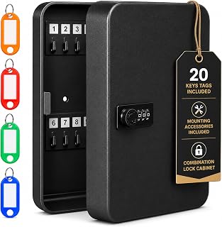 LDS® 20-Key Cabinet Combination Lock with Key Tags – Key Box - 16x20x7.5 cm | Key Lock Box and Key Cupboard for Key Storage – For Home, Office, Garage and Warehouse – Mounting Accessories Included