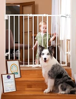 Babelio No Bottom Bar Baby Gate, 28" H x 26-43" W, White | Easy Install| One-handed Opening| Auto-close| Drill Needed Indoor Safety Dog/Pet Gate for Stairs, Hallways & Doorways